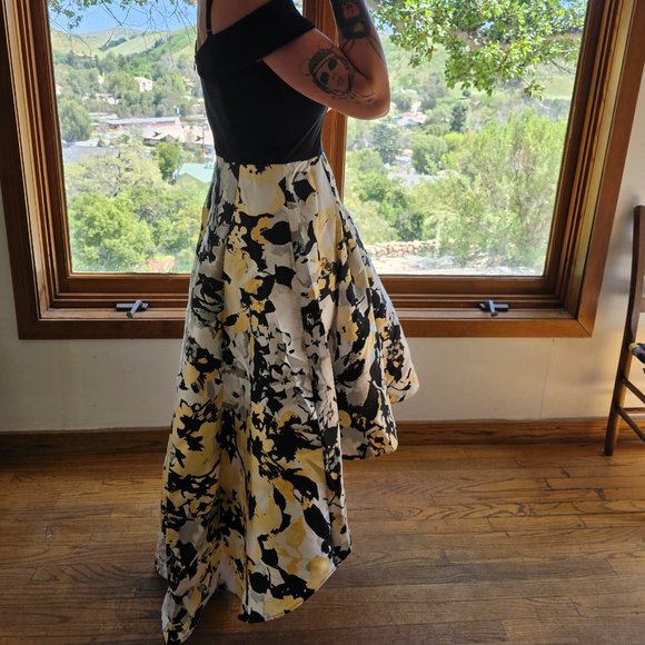 MARINA Yellow & Black Printed Mikado High Low Gown sz 6. - Picture 6 of 8